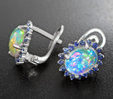 Великолепные серебряные серьги с кристаллическими эфиопскими опалами и синими сапфирами