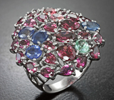 Роскошное серебряное кольцо с родолитами, кианитами, параиба и розовыми турмалинами Серебро 925