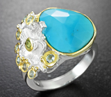 Серебряное кольцо с ограненной бирюзой, голубыми топазами и перидотами Серебро 925