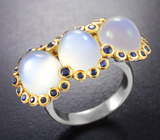 Серебряное кольцо с лунным камнем 13,45 карата и синими сапфирами
