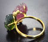 Золотое кольцо с яркими резными турмалинами 12,68 карата, синими сапфирами и бриллиантами Золото