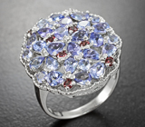 Шикарное серебряное кольцо с танзанитами и родолитами Серебро 925