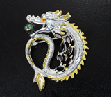 Серебряная брошь/кулон «Дракон» с цветной жемчужиной и альмандинами гранатами Серебро 925