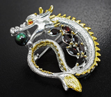 Серебряная брошь/кулон «Дракон» с цветной жемчужиной и альмандинами гранатами Серебро 925
