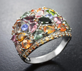 Праздничное серебряное кольцо с разноцветными тумалинами, сапфирами и танзанитами Серебро 925