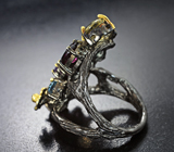 Эффектное серебряное кольцо с цитринами, родолитами, голубыми топазами и аметистами