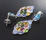 Превосходные серебряные серьги с разноцветными турмалинами, танзанитами и голубыми топазами Серебро 925