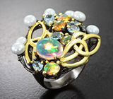 Серебряное кольцо с кристаллическими эфиопскими опалами, жемчугом и голубыми топазами Серебро 925