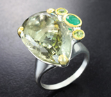 Серебряное кольцо с зеленым аметистом 13,28 карата, хризопразом и перидотами