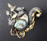 Серебряная брошь с цветной жемчужиной барокко, цитринами и синими сапфирами Серебро 925