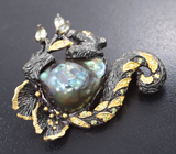 Серебряная брошь с цветной жемчужиной барокко, цитринами и синими сапфирами Серебро 925