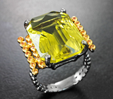 Серебряное кольцо с лимонным цитрином авторской огранки 14,96 карата и золотистыми сапфирами Серебро 925