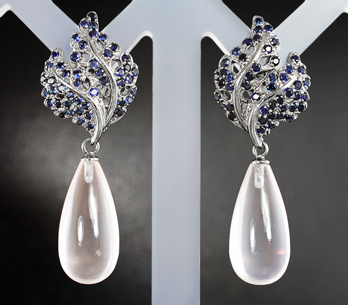 Серебряные серьги с розовым кварцем 26,95 карата и синими сапфирами
