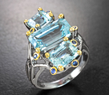 Серебряное кольцо с аквамаринами 7,4 карата и синими сапфирами