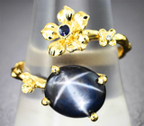 Золотое кольцо со звездчатым сапфиром 5 карат, синим сапфиром и бриллиантом