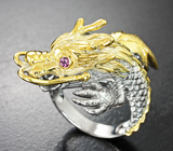 Скульптурное серебряное кольцо «Дракон» с родолитами и аквамарином