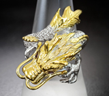 Скульптурное серебряное кольцо «Дракон» с родолитами и аквамарином