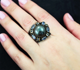 Серебряное кольцо с цветной жемчужиной и танзанитами Серебро 925
