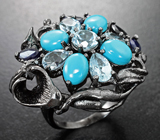 Серебряное кольцо с бирюзой, голубыми топазами и синими сапфирами
