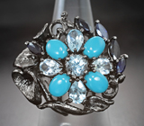 Серебряное кольцо с бирюзой, голубыми топазами и синими сапфирами