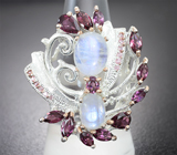 Серебряное кольцо с лунным камнем 3,87 карата и родолитами Серебро 925