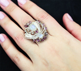 Серебряное кольцо с лунным камнем 3,87 карата и родолитами Серебро 925