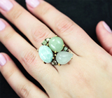 Серебряное кольцо с ларимаром 6,45 карата, халцедоном 5,53 карата, нефритом 5,65 карата и зелеными турмалинами Серебро 925