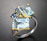 Серебряное кольцо с аквамаринами 7,97 карата и синими сапфирами