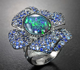Серебряное кольцо с кристаллическим черным опалом 5,53 карата и синими сапфирами 4,54 карата Серебро 925