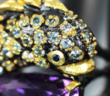 Скульптурное серебряное кольцо с аметистом и голубыми топазами Серебро 925