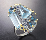 Серебряное кольцо с аквамаринами 2,21 карата, насыщенно-синими топазами и сапфирами