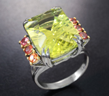 Серебряное кольцо с лимонным цитрином лазерной огранки 12,88 карата, розовыми и оранжевыми сапфирами
