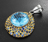 Серебряный кулон с голубым топазом лазерной огранки 12,9 карата и синими сапфирами Серебро 925