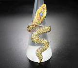 Скульптурное серебряное кольцо «Змейка» с изумрудами, танзанитом и разноцветными сапфирами Серебро 925