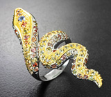 Скульптурное серебряное кольцо «Змейка» с изумрудами, танзанитом и разноцветными сапфирами Серебро 925