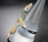 Скульптурное серебряное кольцо «Змейка» с изумрудами, танзанитом и разноцветными сапфирами Серебро 925