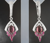 Превосходные серебряные серьги с родолитами и рубинами Серебро 925