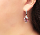 Превосходные серебряные серьги с родолитами и рубинами Серебро 925