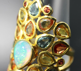 Праздничное серебряное кольцо с кристаллическим эфиопским опалом и разноцветными сапфирами Серебро 925