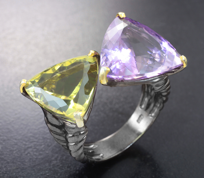 Серебряное кольцо с крупными аметистом и цитрином