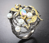 Серебряное кольцо с кристаллическим эфиопским опалом, жемчугом и цитринами