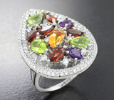 Праздничное серебряное кольцо с перидотами, альмандинами гранатами и цитринами