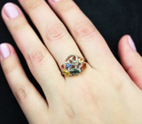 Яркое серебряное кольцо с разноцветными сапфирами Серебро 925