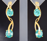 Крупные золотые серьги с яркими «неоновыми» апатитами цвета параиба 6,81 карата и бриллиантами