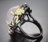 Серебряное кольцо с розовым кварцем 7,93 карата, родолитами, розовыми турмалинами и сапфирами