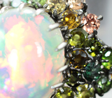 Серебряное кольцо с кристаллическим эфиопским опалом 10,86 карата и разноцветными турмалинами