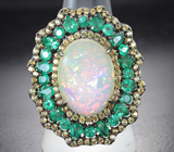 Серебряное кольцо с кристаллическим эфиопским опалом 6,89 карата, изумрудами и желтыми сапфирами бриллиантовой огранки Серебро 925