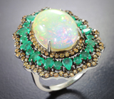 Серебряное кольцо с кристаллическим эфиопским опалом 6,89 карата, изумрудами и желтыми сапфирами бриллиантовой огранки Серебро 925