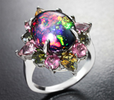 Серебряное кольцо с кристаллическим черным опалом 5,66 карата и разноцветными турмалинами Серебро 925