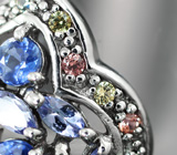Превосходное серебряное кольцо с кианитами, танзанитами и сапфирами бриллиантовой огранки Серебро 925